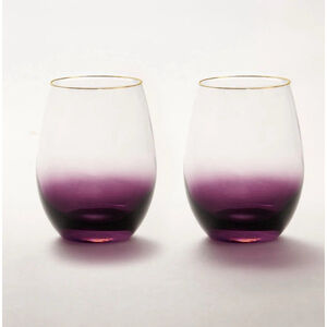 ANNA New York Amethyst Ombre Stemless 24K Gold Rim Wine Glasses Set of 2 New